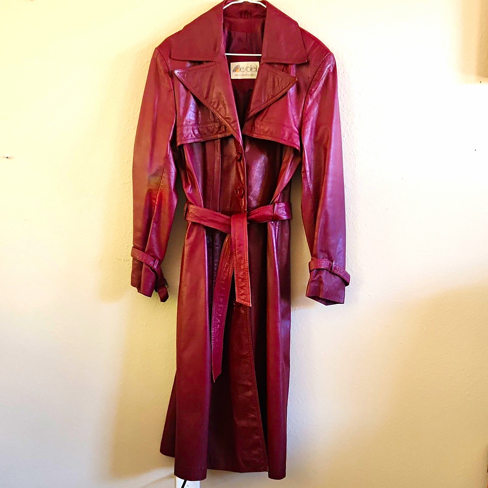 Vintage 80s Le Soleil Burgundy Leather Trench Coat Belted Matrix Oxblood M L 12